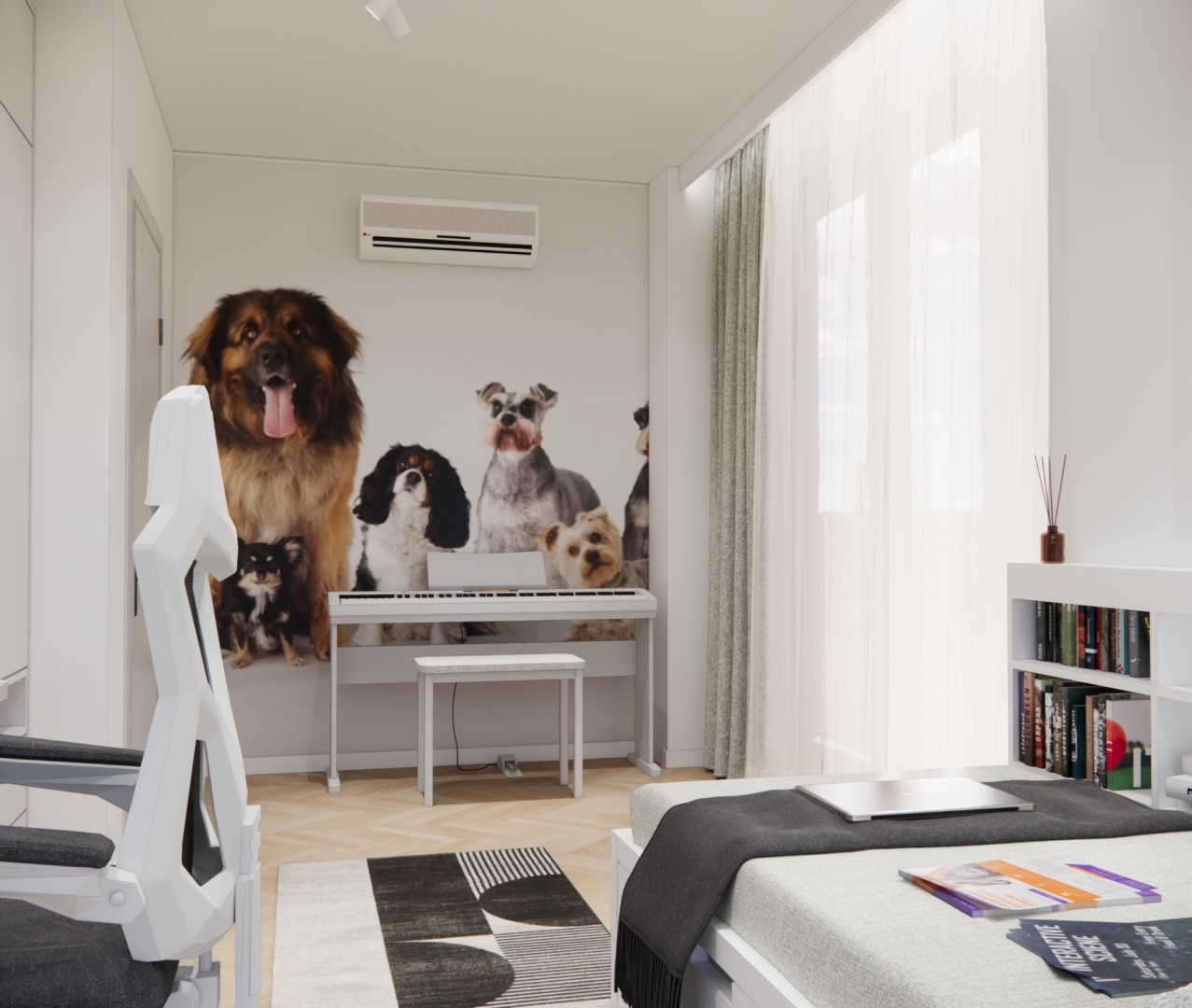 Pokój młodzieżowy z akcentem pasji – ściana z grafiką psów, pianino cyfrowe i nowoczesny biało-szary wystrój.